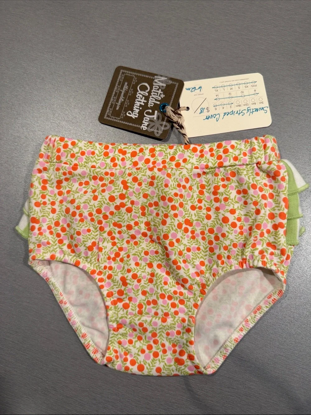 Matilda Jane Green Striped Ruffle Diaper Cover with Orange & Pink Floral